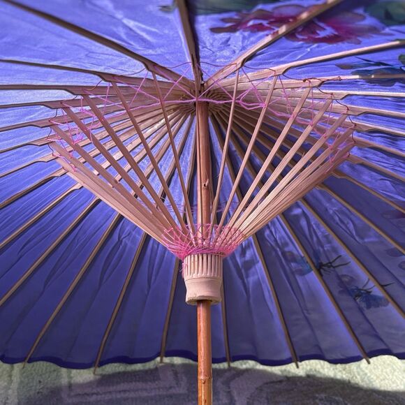 Vintage Hand Painted Japanese Chinese Bamboo Wood Umbrella Parasol - Picture 6 of 9